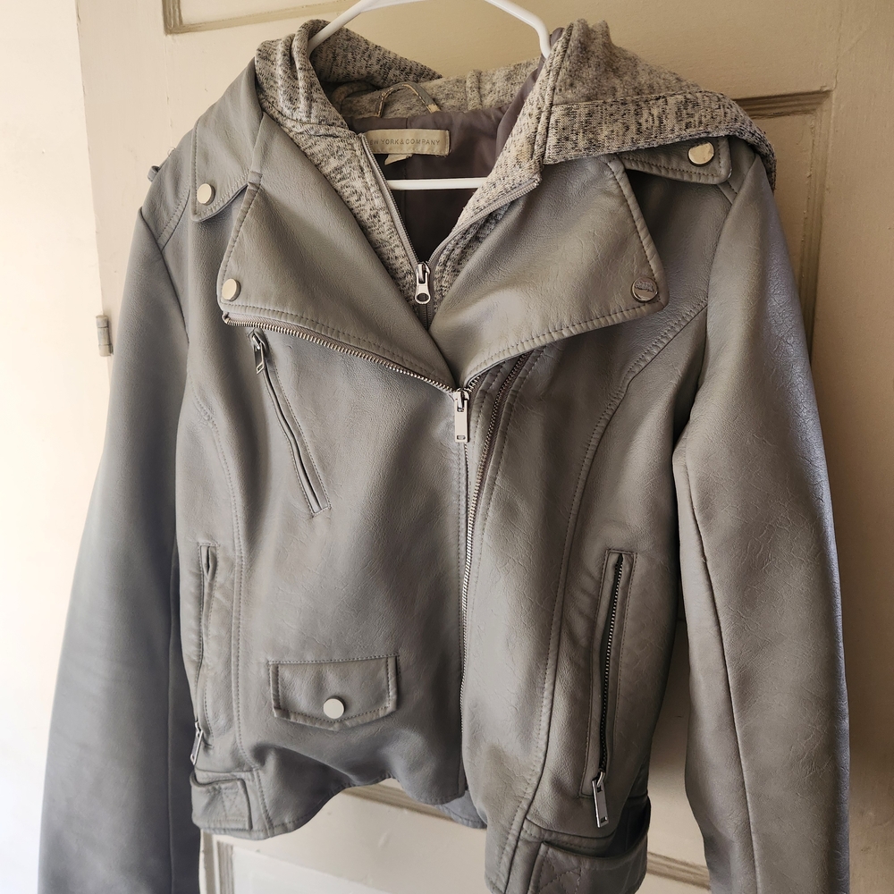 New York & Company Gray Leather Jacket with Hoodie